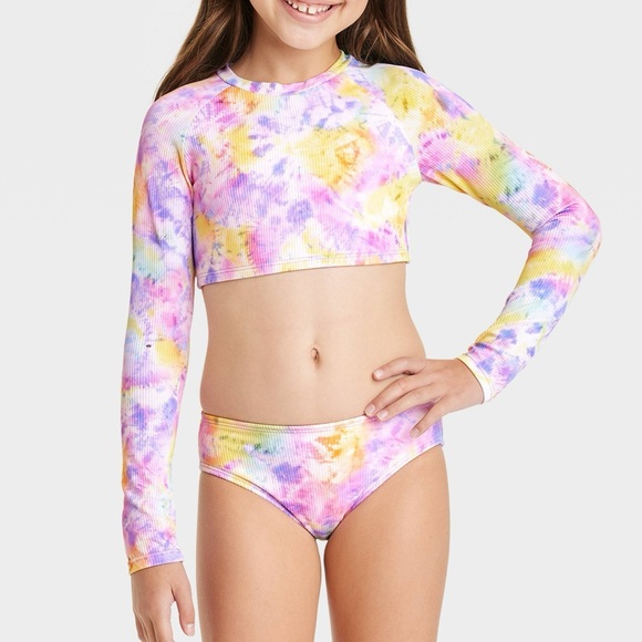 Cat & Jack Girls’ 2 Piece Long Sleeve Tie Dye Crop Rashguard Swimsuit Set - XS - Picture 1 of 6
